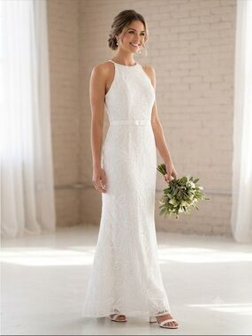DB Studio 16W White Sequined Botanical Lace Halter Wedding Dress / Reception